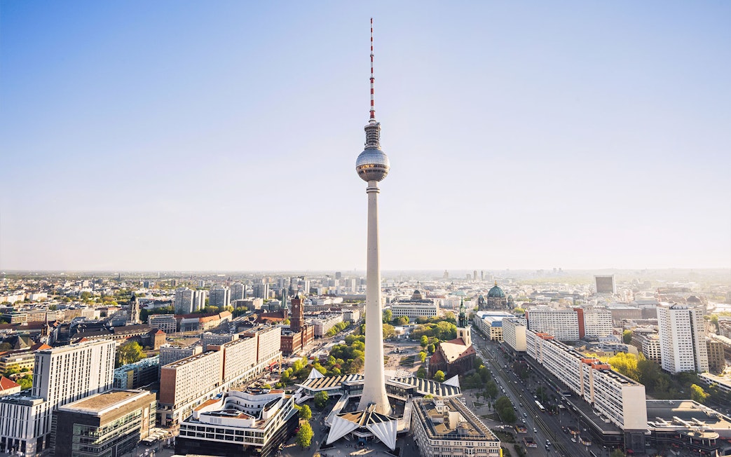 Berlin TV Tower overlooking cityscape, view from observation deck.