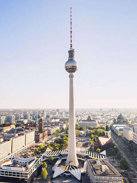 Berlin TV Tower overlooking cityscape, view from observation deck.