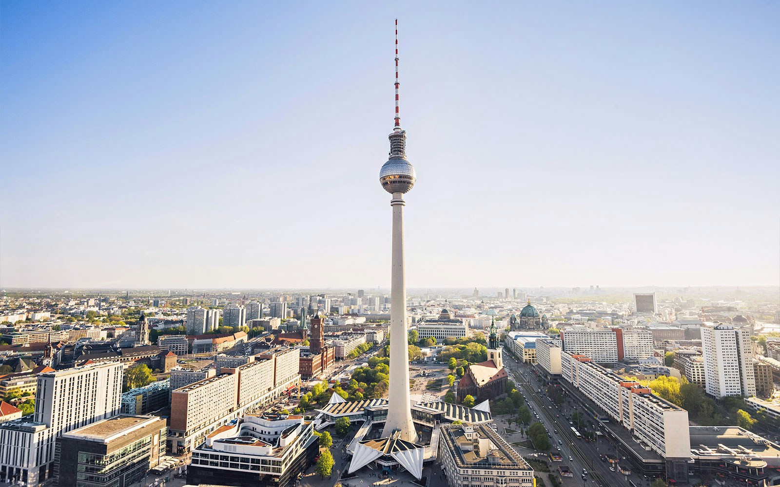 Berlin TV Tower observation deck with panoramic city view.