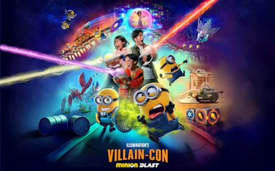 Villian-Con Minion Blast ride at Universal Studios Japan with excited visitors and Minions.