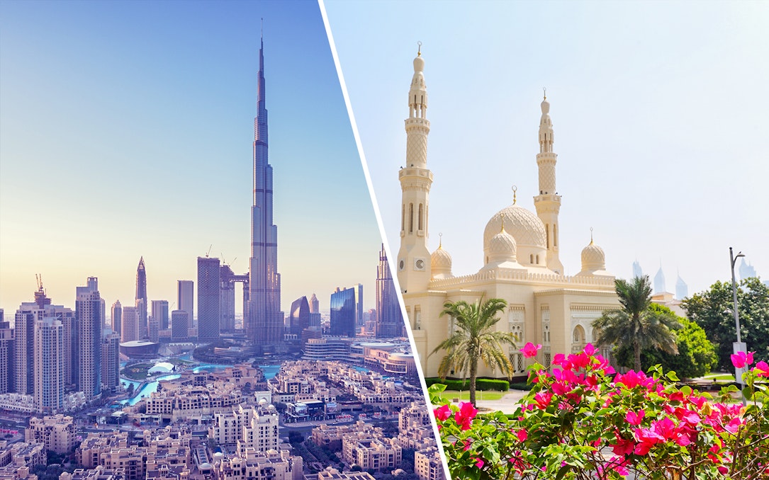 Burj Khalifa skyline and Jumeirah Mosque in Dubai City Tour.