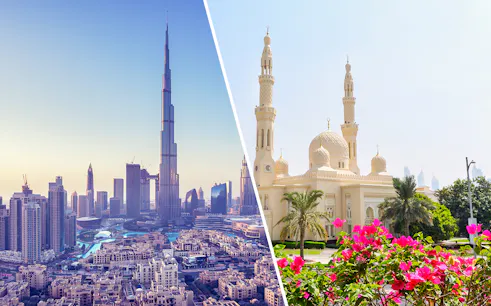 Burj Khalifa skyline and Jumeirah Mosque in Dubai City Tour.