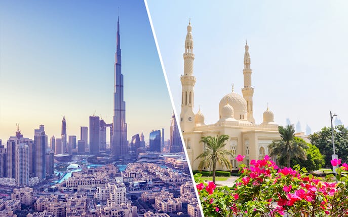 Burj Khalifa skyline and Jumeirah Mosque in Dubai City Tour.