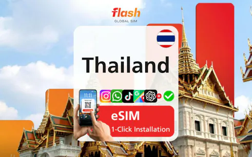 Thailand eSIM installation with Bangkok temple background.