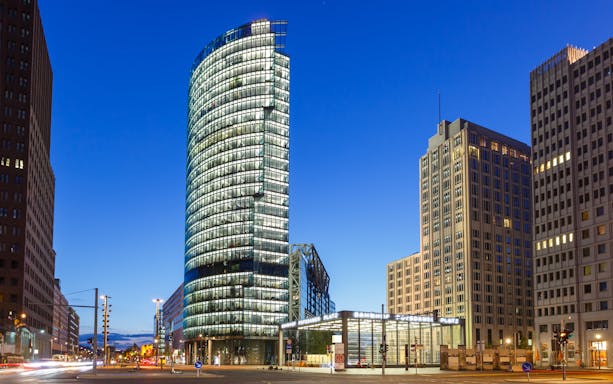 Potsdamer Platz at dusk during Stromma Evening Hop-On Hop-Off Berlin Tour.