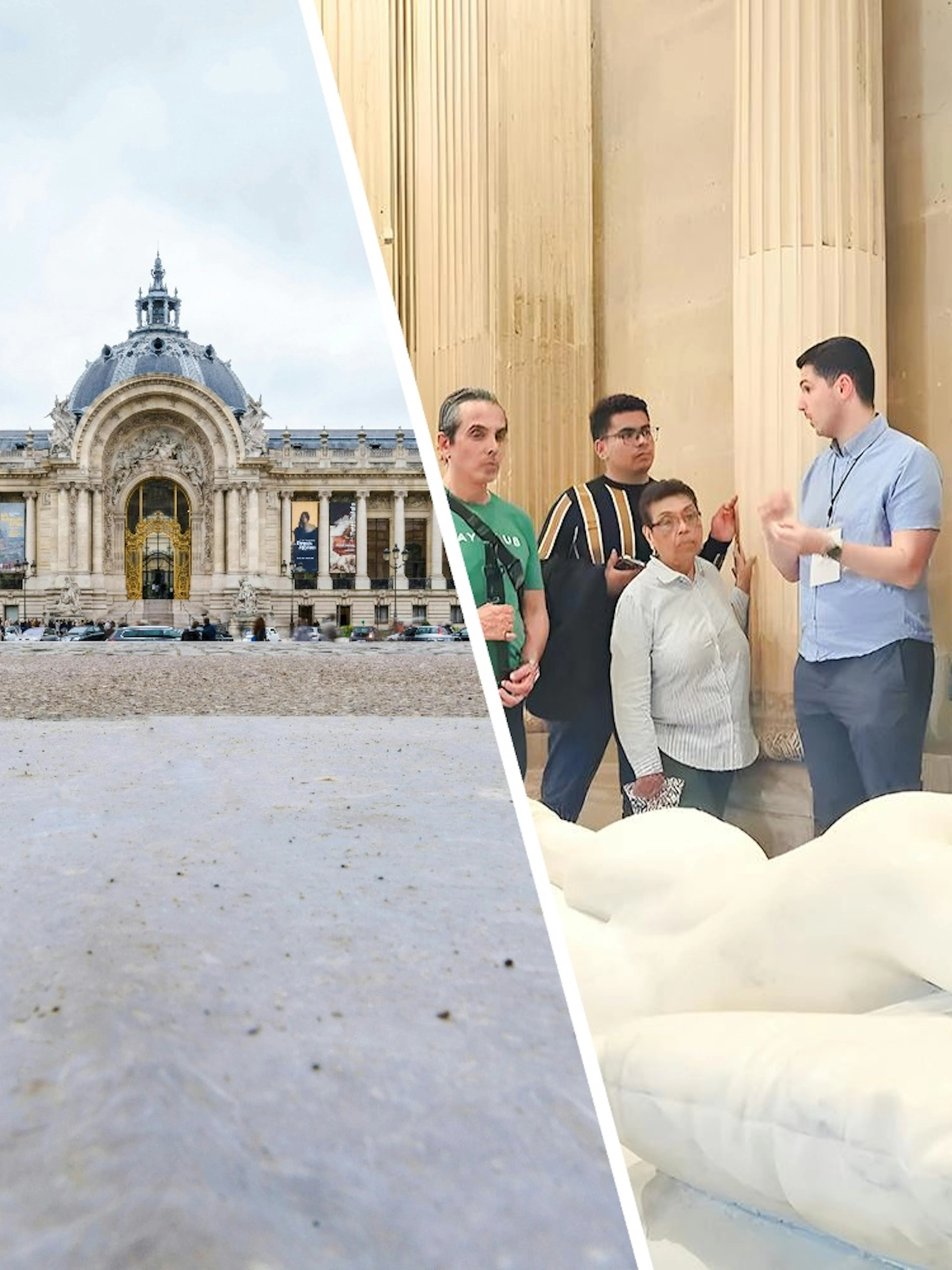 Petit Palace exterior and guided tour inside with visitors near a sculpture.