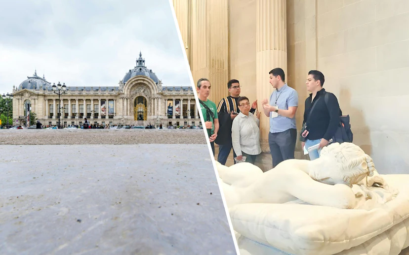 Petit Palace exterior and guided tour inside with visitors near a sculpture.