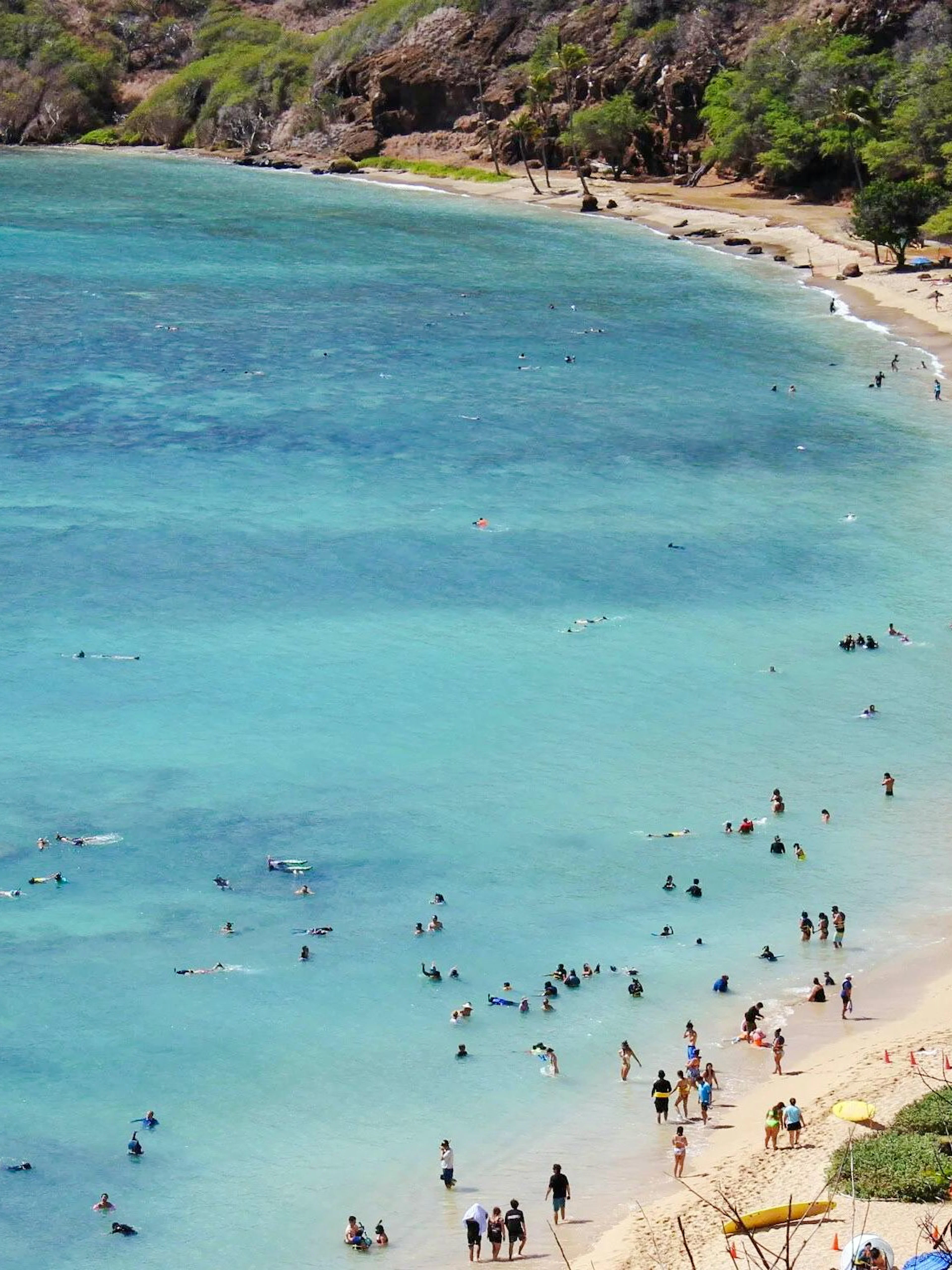 Visitors swimming and relaxing on the beach at Hanauma Bay Nature Preserve, Oahu.