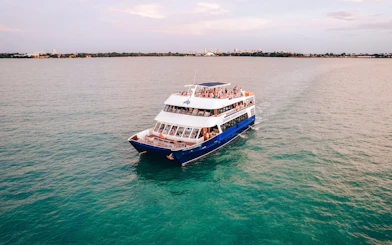 Cruise ship on Darwin Harbour during sunset with city skyline in background.