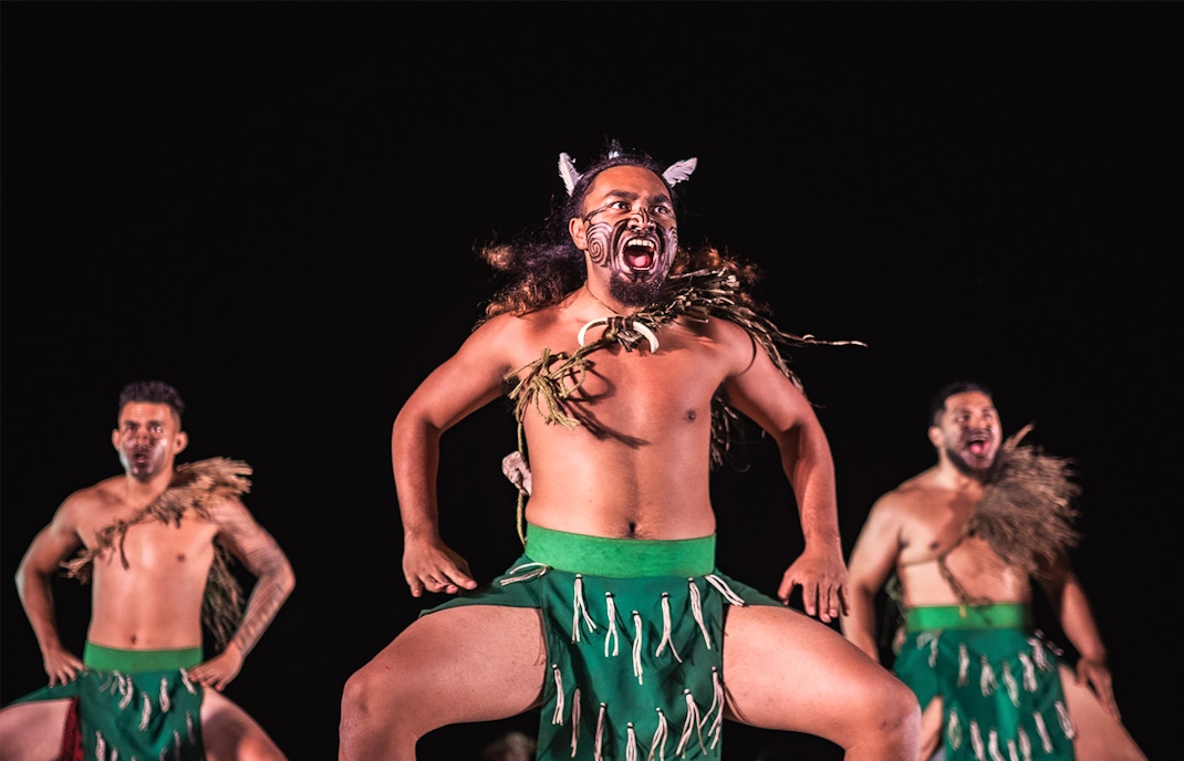 Mauka Warriors performing traditional dance at cultural show in Hawaii.
