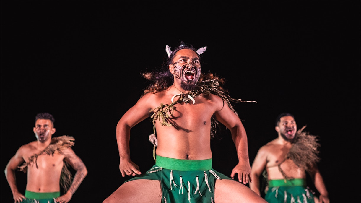 Mauka Warriors performing traditional dance at cultural show in Hawaii.