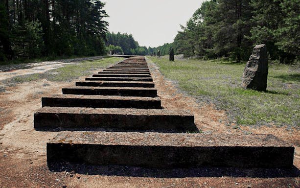 Railroad tracks at Treblinka Extermination Camp surrounded by forest, part of a guided tour.