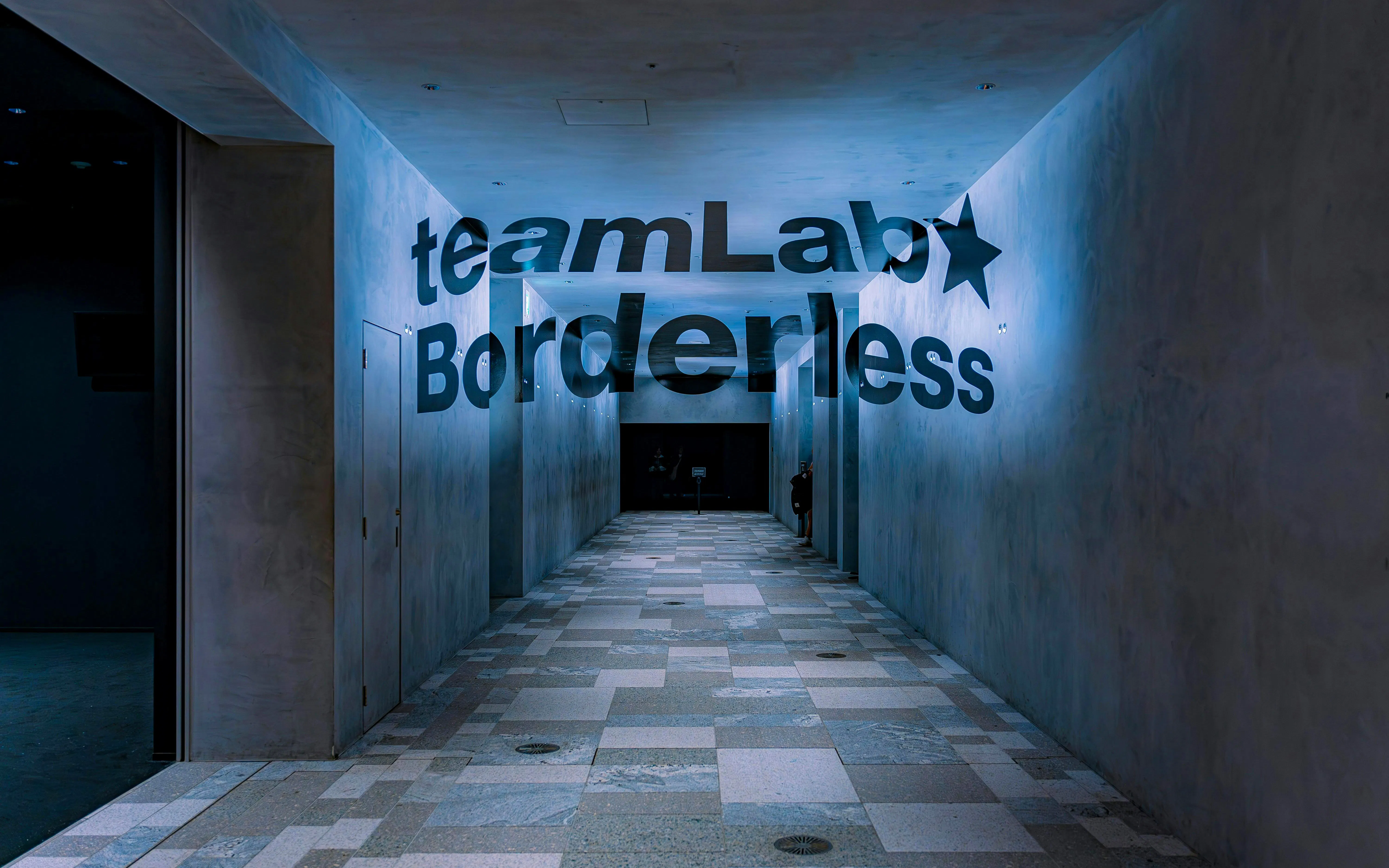 Entrance hallway of teamLab Borderless digital art museum in Tokyo.