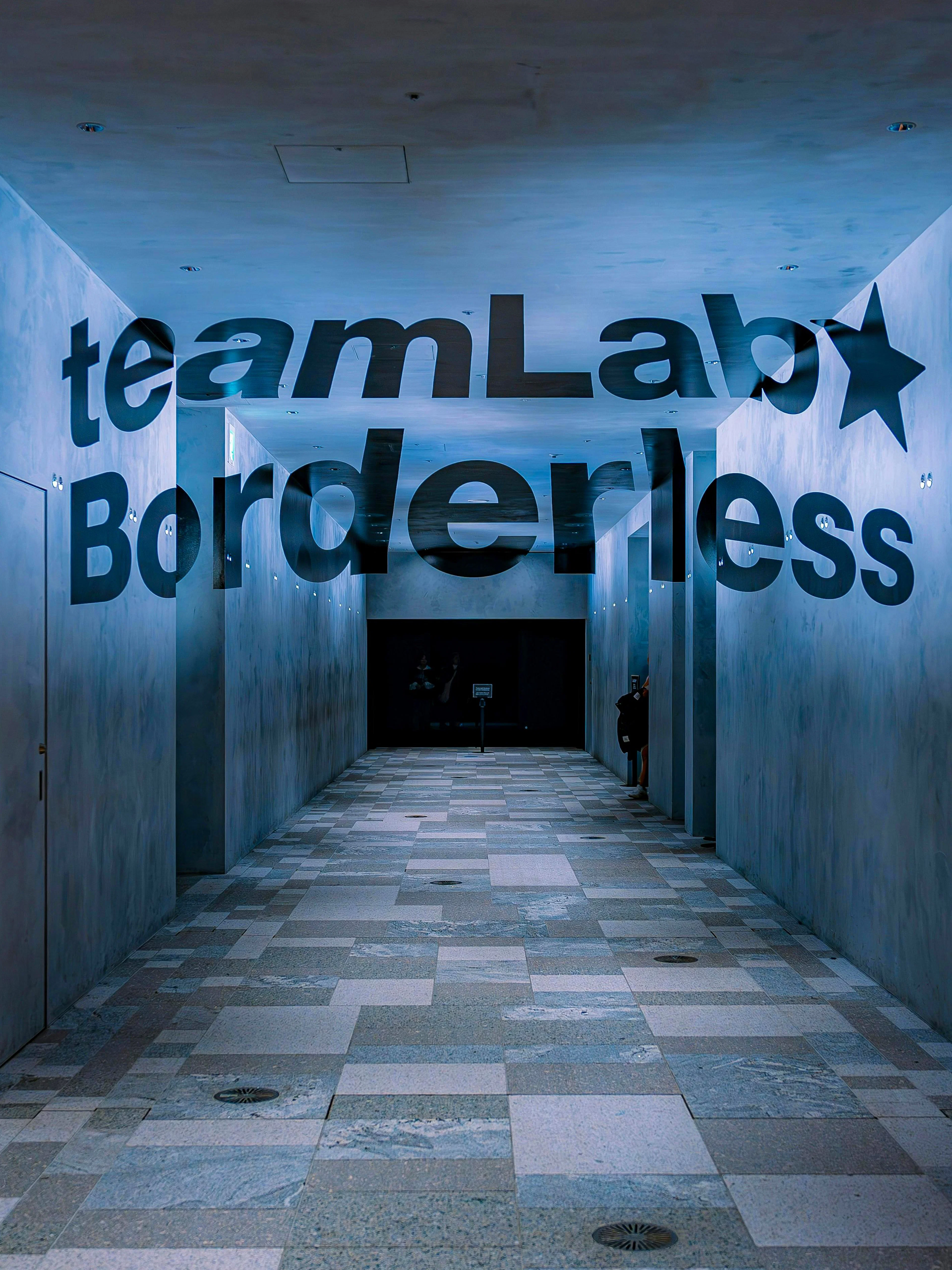 Entrance hallway of teamLab Borderless digital art museum in Tokyo.