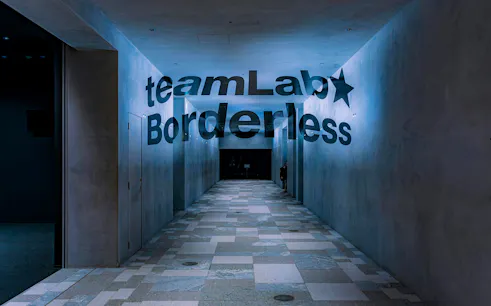 Entrance hallway of teamLab Borderless digital art museum in Tokyo.