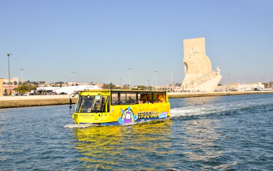 Hippo trip bus-boat on Lisbon's Tagus River near the Discoveries Monument.