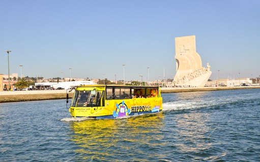 Hippo trip bus-boat on Lisbon's Tagus River near the Discoveries Monument.