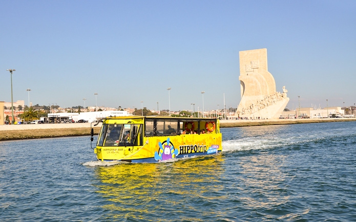Hippo trip bus-boat on Lisbon's Tagus River near the Discoveries Monument.