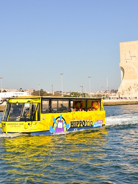 Hippo trip bus-boat on Lisbon's Tagus River near the Discoveries Monument.