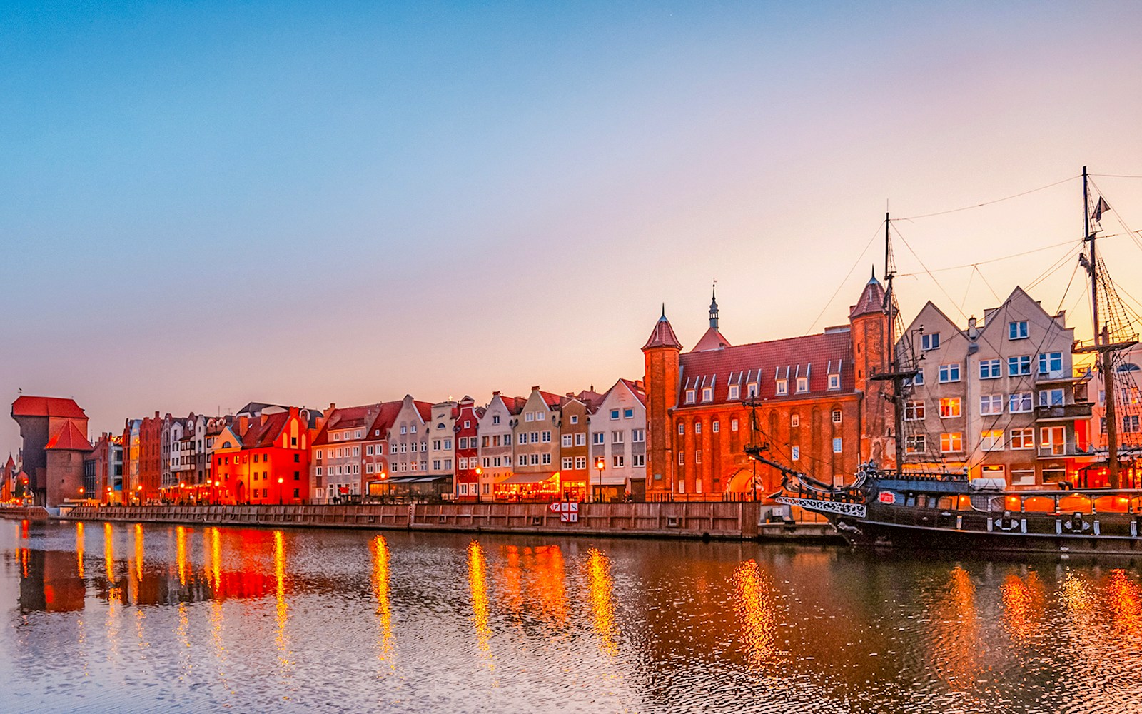 Gdansk waterfront with historic buildings and ship at sunset.