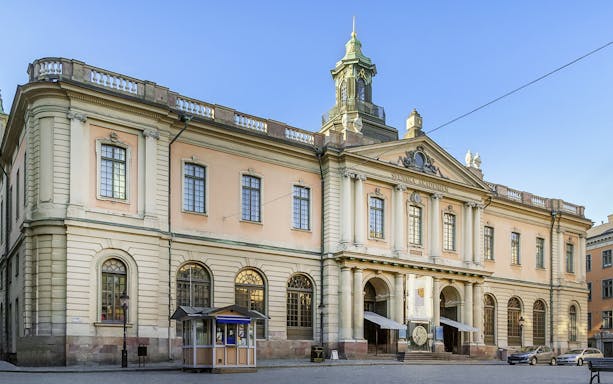 Nobel Prize Museum building in Stockholm, Sweden, with classical architecture.