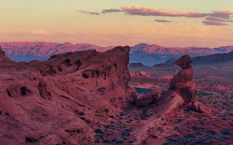 Valley of Fire rock formations at sunset during a guided tour from Las Vegas.
