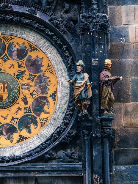 Prague Astronomical Clock with detailed zodiac signs and statues.