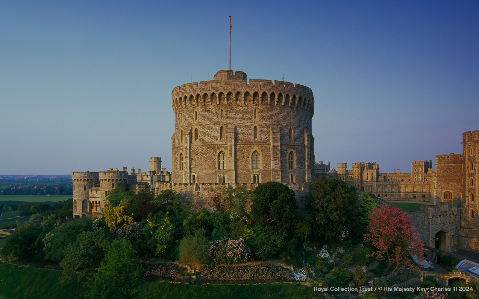 Round Tower at Windsor Castle surrounded by gardens, Windsor, England.