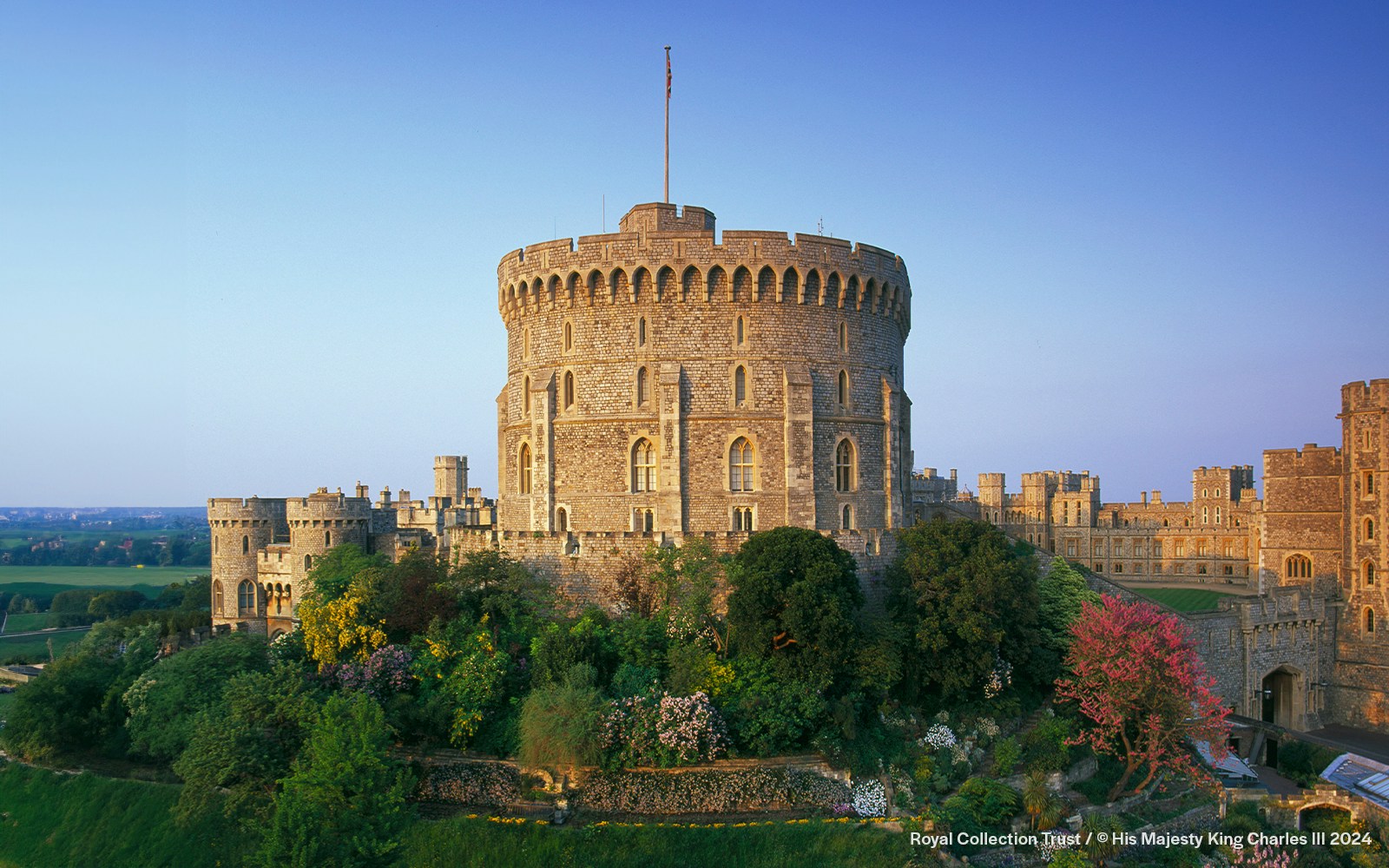 Round Tower at Windsor Castle surrounded by gardens, Windsor, England.