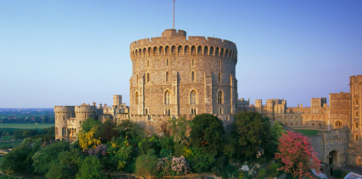 Round Tower at Windsor Castle surrounded by gardens, Windsor, England.