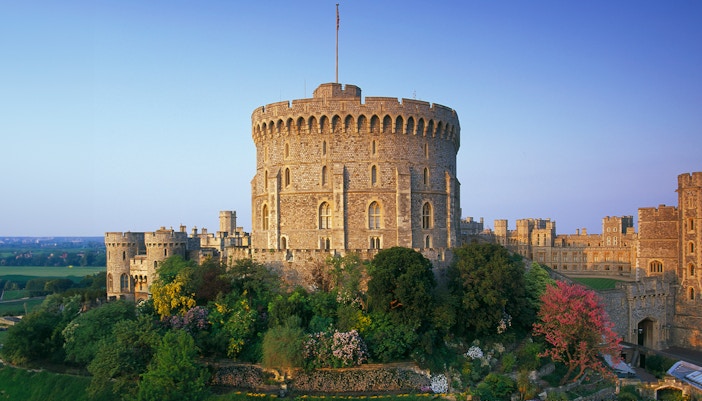 Round Tower at Windsor Castle surrounded by gardens, Windsor, England.