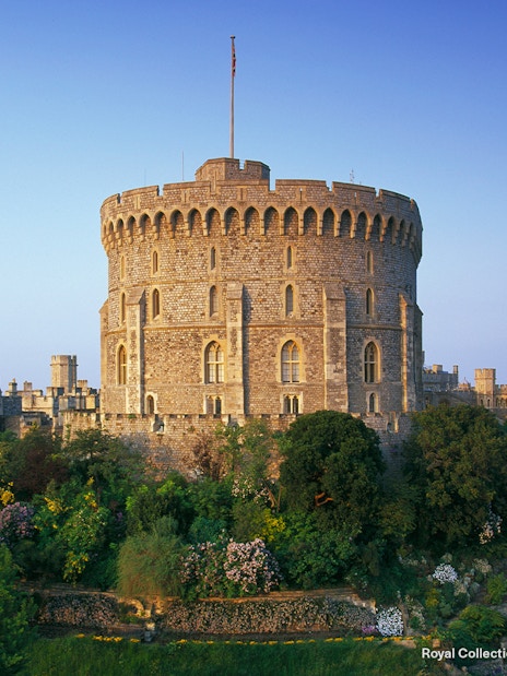 Round Tower at Windsor Castle surrounded by gardens, Windsor, England.