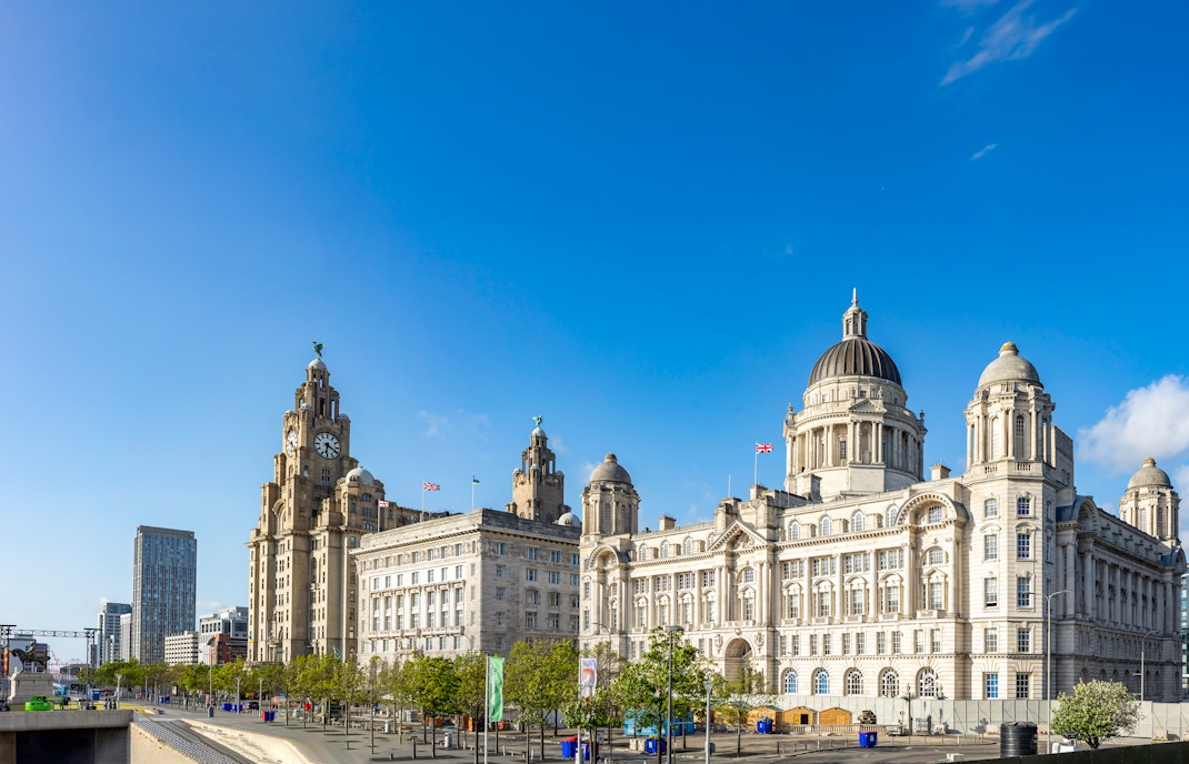 Pier Head in Liverpool featuring the Royal Liver Building, Cunard Building, and Port of Liverpool.