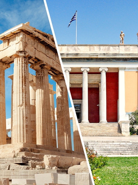Acropolis Parthenon and Athens National Archaeological Museum exterior.