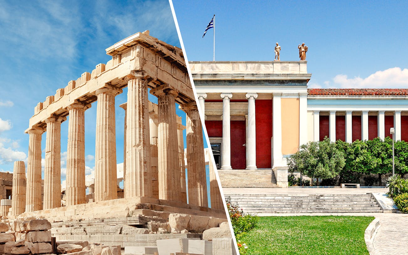 Acropolis Parthenon and Athens National Archaeological Museum exterior.