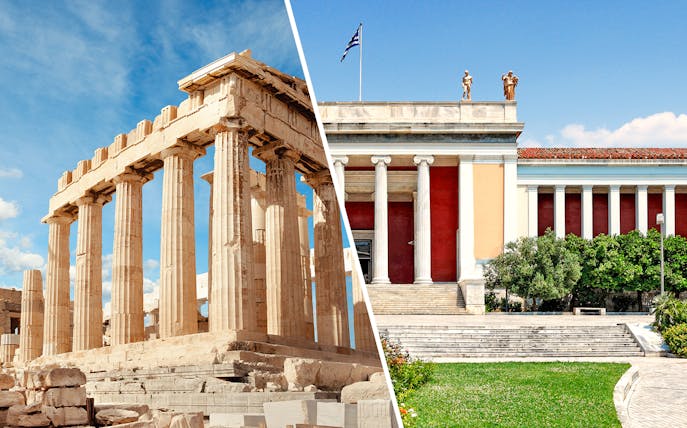 Acropolis Parthenon and Athens National Archaeological Museum exterior.
