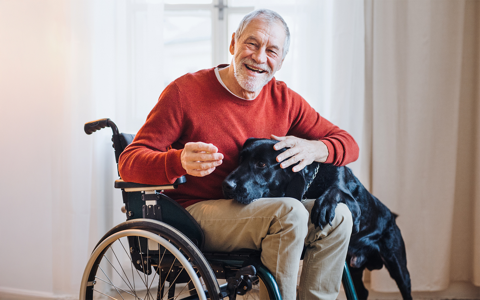 Man in wheelchair with dog, highlighting accessibility features.