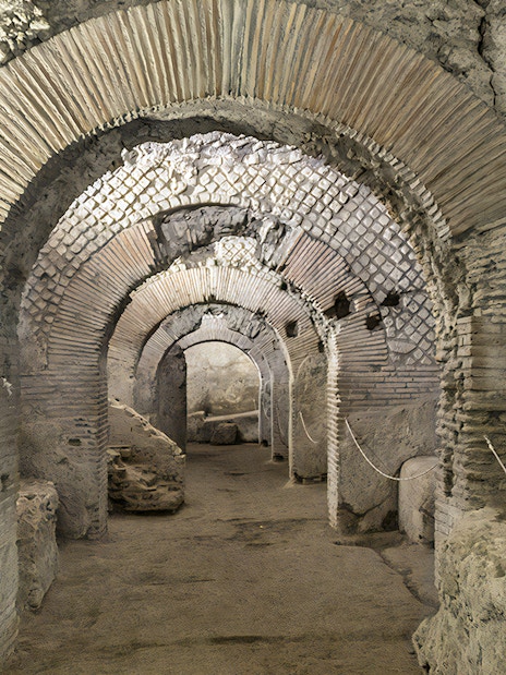 San Lorenzo Maggiore underground ruins, arched passageway, Neapolis Sotterrata, Naples, Italy.