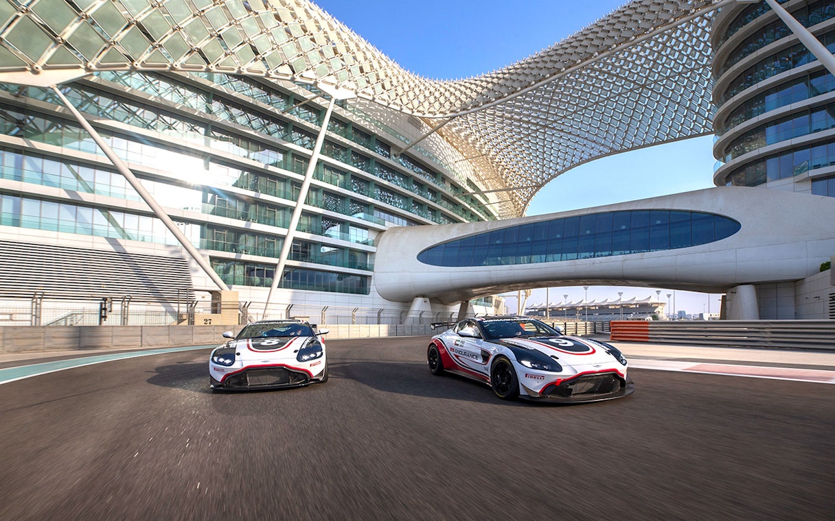 Aston Martin GT4 cars on track at Yas Marina Circuit, Abu Dhabi.