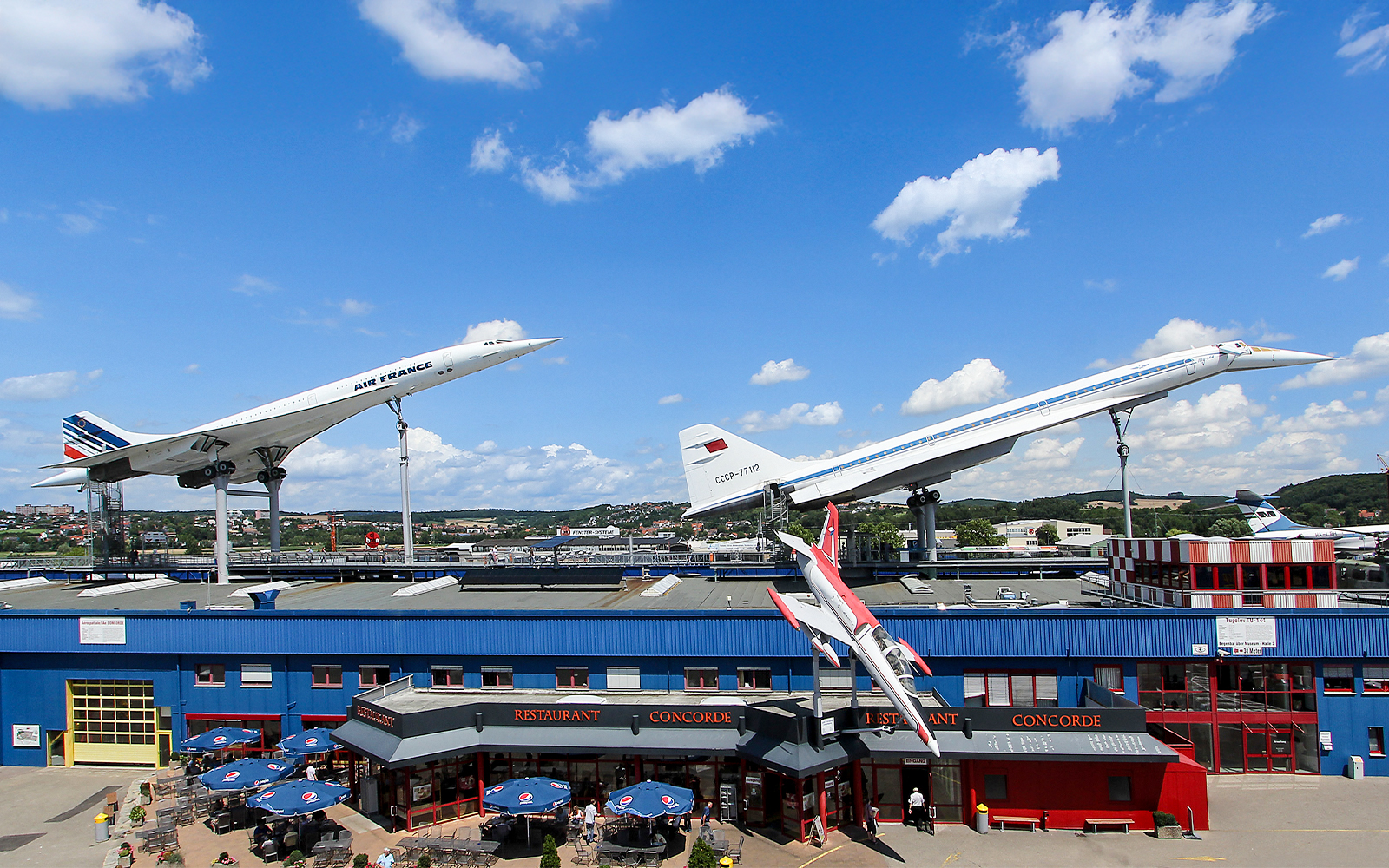 Concorde and Tupolev Tu-144 displayed side-by-side at Technik Sinsheim Museum, Germany.