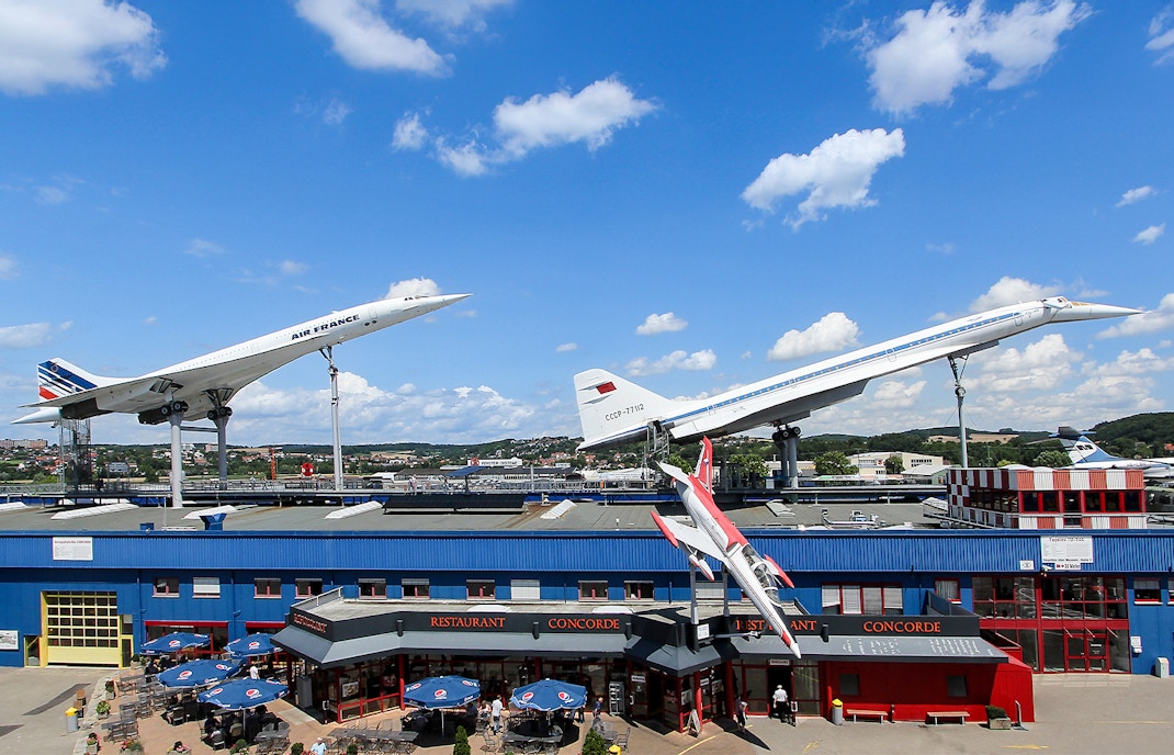Concorde and Tupolev Tu-144 displayed side-by-side at Technik Sinsheim Museum, Germany.