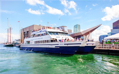 Catamaran docked at New England Aquarium for whale watching cruise.