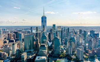 Aerial view of Manhattan skyline with One World Trade Center, New York City.