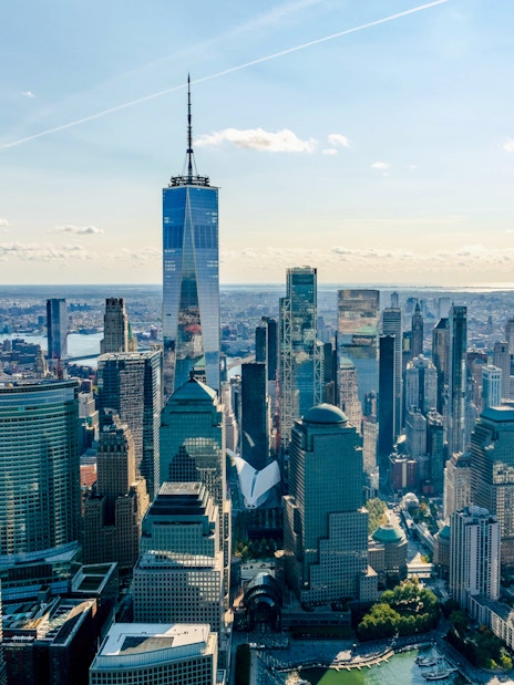 Aerial view of Manhattan skyline with One World Trade Center, New York City.