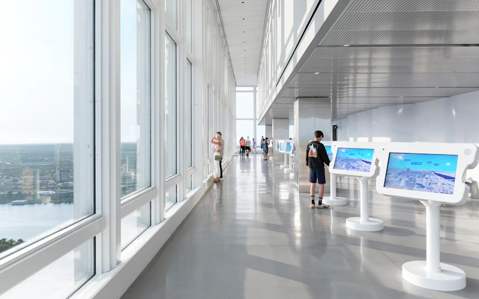 Observation deck with interactive screens and city views in Boston.