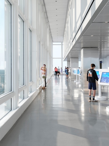Observation deck with interactive screens and city views in Boston.