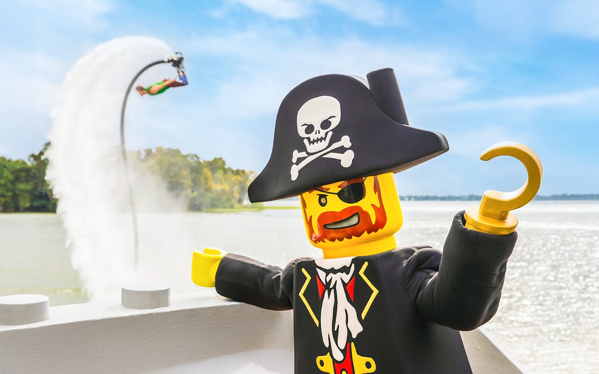 Pirate LEGO figure with hook hand at Brickbeard's Watersports Stunt, LEGOLAND Florida.