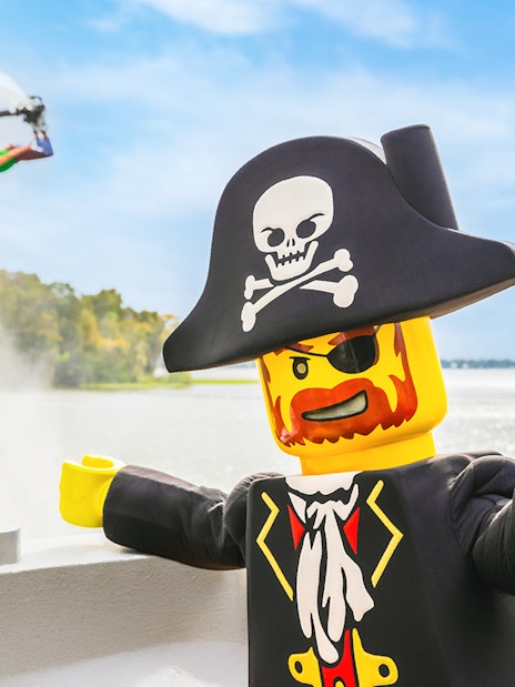 Pirate LEGO figure with hook hand at Brickbeard's Watersports Stunt, LEGOLAND Florida.