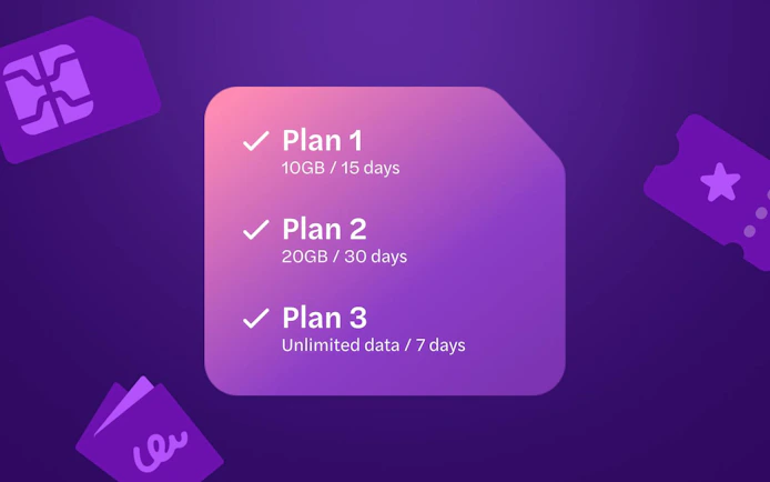 eSIM Japan plans: 10GB/15 days, 20GB/30 days, unlimited data/7 days.