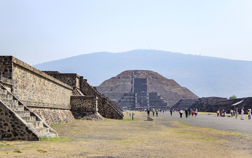 Pyramid of the Moon viewed from a distance in Teotihuacan, Mexico.